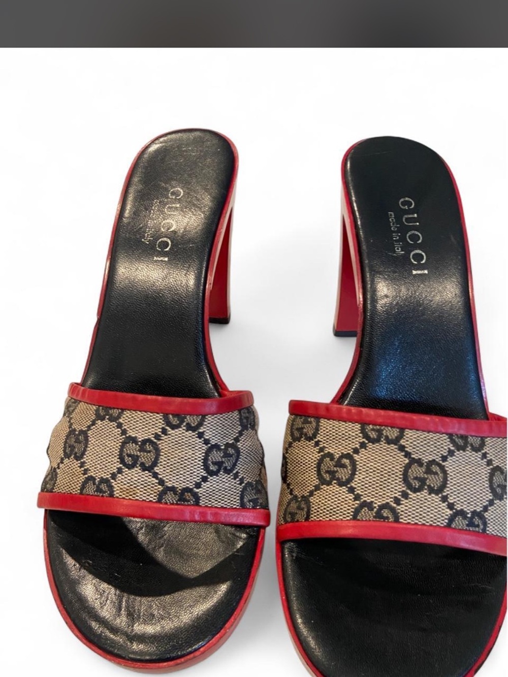 Gucci Red Patent Slide Heels with GG Monogram Strap - Picture 2 of 5